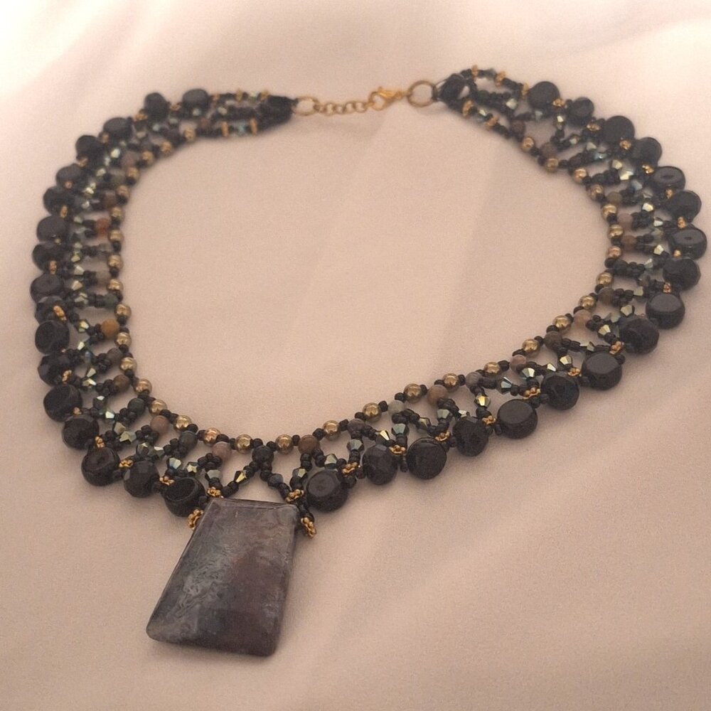 Artisan Dark Agate and Iridescent Crystal Bead Collar Necklace with Gold Accents